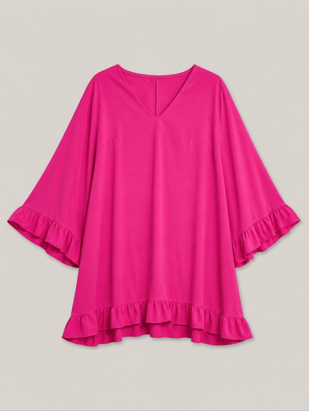 Hot Pink Bell Sleeve Boho Ruffle  Hem Shift Dress V-Neck Mini Size2XL Barbiecore - Picture 3 of 8